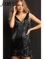 Women Elegant Sleeveless Mini Dress Women Sexy Summer Fashion V Neck Feather Tassel Dress Party Lady Casual Sequin Pencil Dress