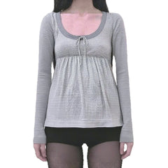 Pbong  Sweet Korean Style Loose Fit Long Sleeve T-Shirt round Neck Striped A- Line Home Wear Slimming Girl's Fashion Top