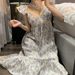 Floral Print Sleepwear Womens with Pad Nightgown Korean Vintage Ruffles Night Dress One Piece Pajama Summer V-neck Home Wear New