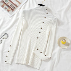 Ribbed Knit Top for Women Pullovers Button Decor Mock Neck Sweater Stretchy Long Sleeve Fitted Jumper Teen-girl Fall Winter
