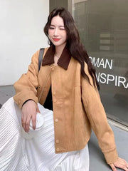 American Faux Suede Jacket Women Retro Loose Streetwear Y2K Coat Casual Fall Winter Long Sleeve Pockets Female Vintage Tops