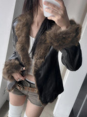 Autumn New Clothes Women's Leather Coat Long Sleeve Spliced Faux Trim Button Slim Fit Chic Coat