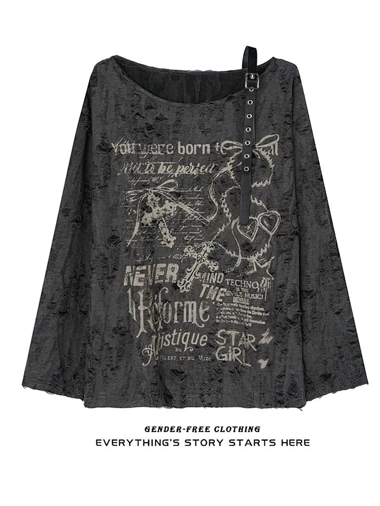 Vintage Y2K Oversize Off shoulder T shirt With Print Women Hole Hip hop Long sleeve Baggy Basic T shirt Pulovers Ladies Tops