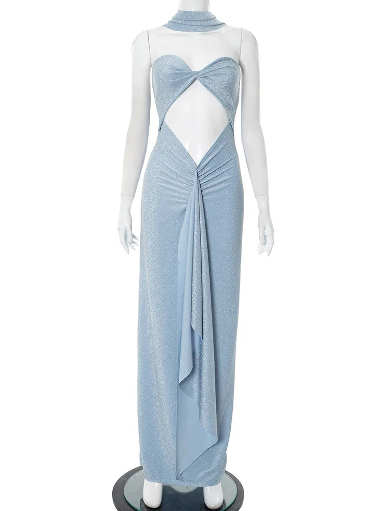 Hollow Strapless Long Dress Women's Ribbon Backless Sexy Ruched Dress Solid Sleeveless Summer Female Vacation Maxi Dress