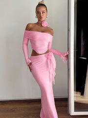 Elegant Halter 3D Flower Two Piece Sets Women Fashion Off-shoulder Tops And Maxi Skirt Matching Sets Bodycon Sexy Dress