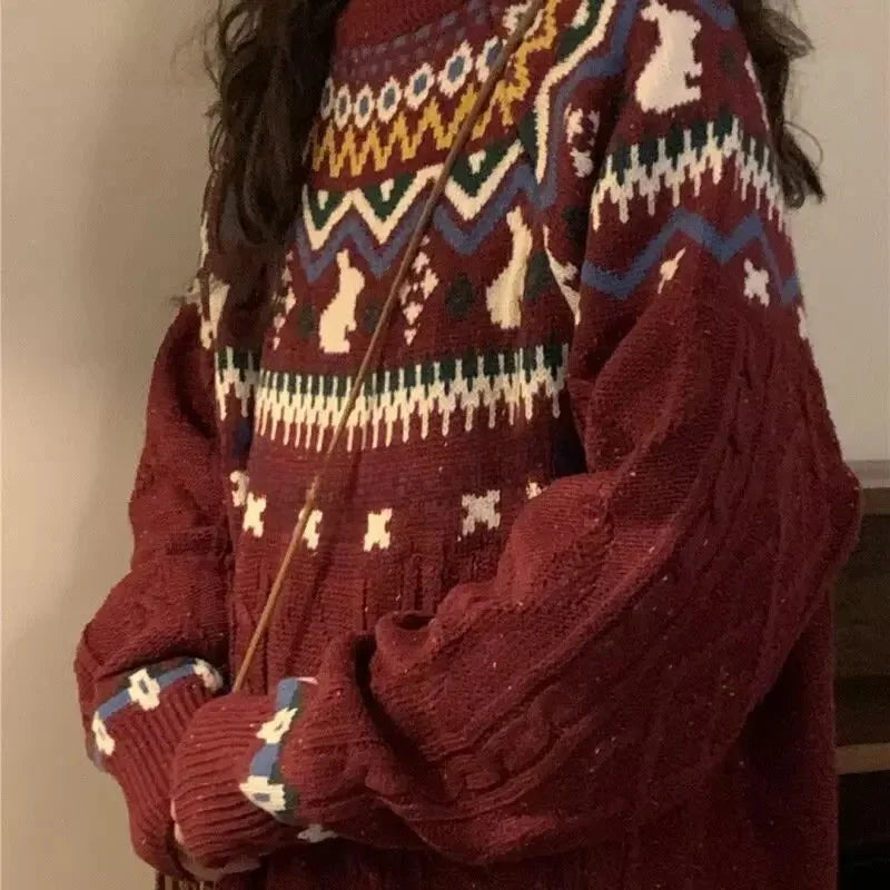 Pbong  Red Christmas Pattern Knitted Sweater Loose round Neck Pullover for Women Couples Matching American Retro College Style