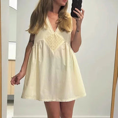 Womens Lace Trim V Neck Mini Dress Y2k 90s Vintage Aesthetic Summer Flowy Swing Dress Going Out Boho Coquette A Line Dress