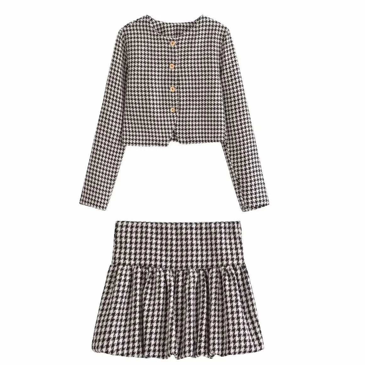 2025 New Spring Houndstooth Tweed Short Coat And Pleated Skirt Women Sets Single Breasted Retro Jacket + High Waist Skirt Suit