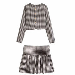 2025 New Spring Houndstooth Tweed Short Coat And Pleated Skirt Women Sets Single Breasted Retro Jacket + High Waist Skirt Suit