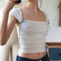 Y2K Cute Bow Lace Up Crop Top Aesthetic Texture Square-neck Sleeveless T Shirt Summer Women Streetwear Slim Tees