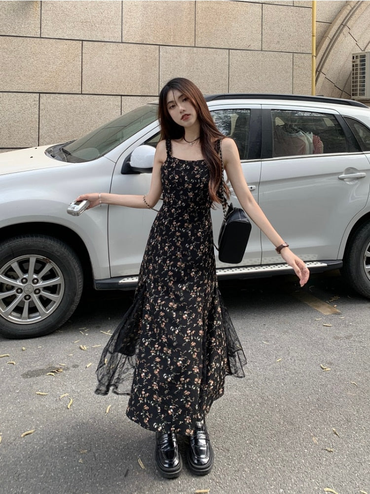 fairy dresses for women Y2k Vintage Black Floral Dress Women Korean Style Mesh Irregular Split One Piece Slip Long Chiffon Fairy Dresses Summer – Kmoro