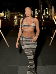 Knit Stripe Crochet Two Piece Set Women Halter Backless Bra +Low Waist Wraps Long Skirt Female Beach Outfits Suit