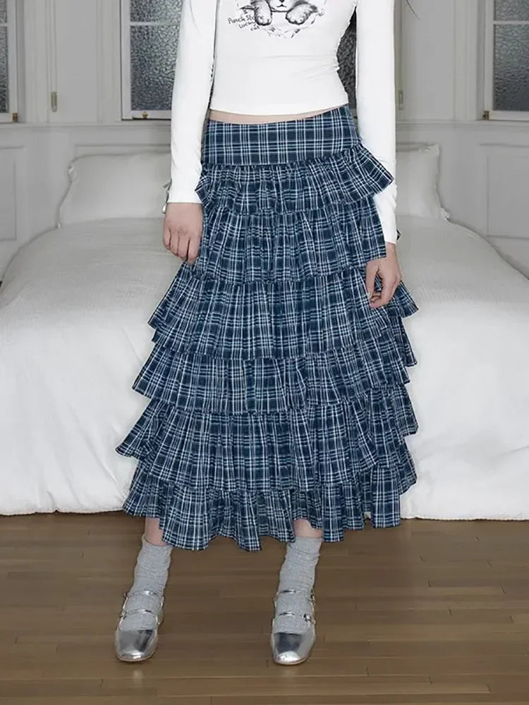 HOUZHOU Y2K Vintage Plaid Long Skirt Women Japanese Kawaii High Waist Patchwork Tierred Ruffle Skirt Korean Streetwear Autumn