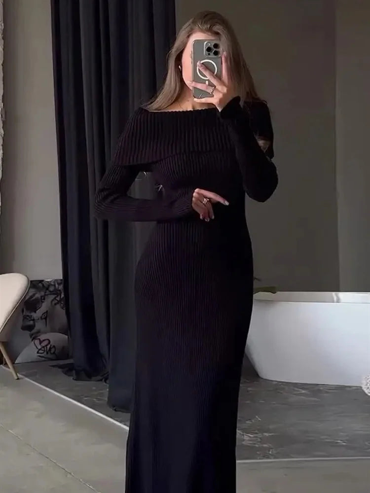 Fashion Knit Long Dress Off-Shoulder Female Ribbed Loose High Waist Elegant Autumn Party Dress Ladies Knitwear Maxi Dress