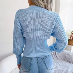Plunge Knit Top for Women Long Sleeve V-Neck Crop Sweater Ribbed Waist Pullover Top Fall Winter Ladies Sexy Chic Outfit