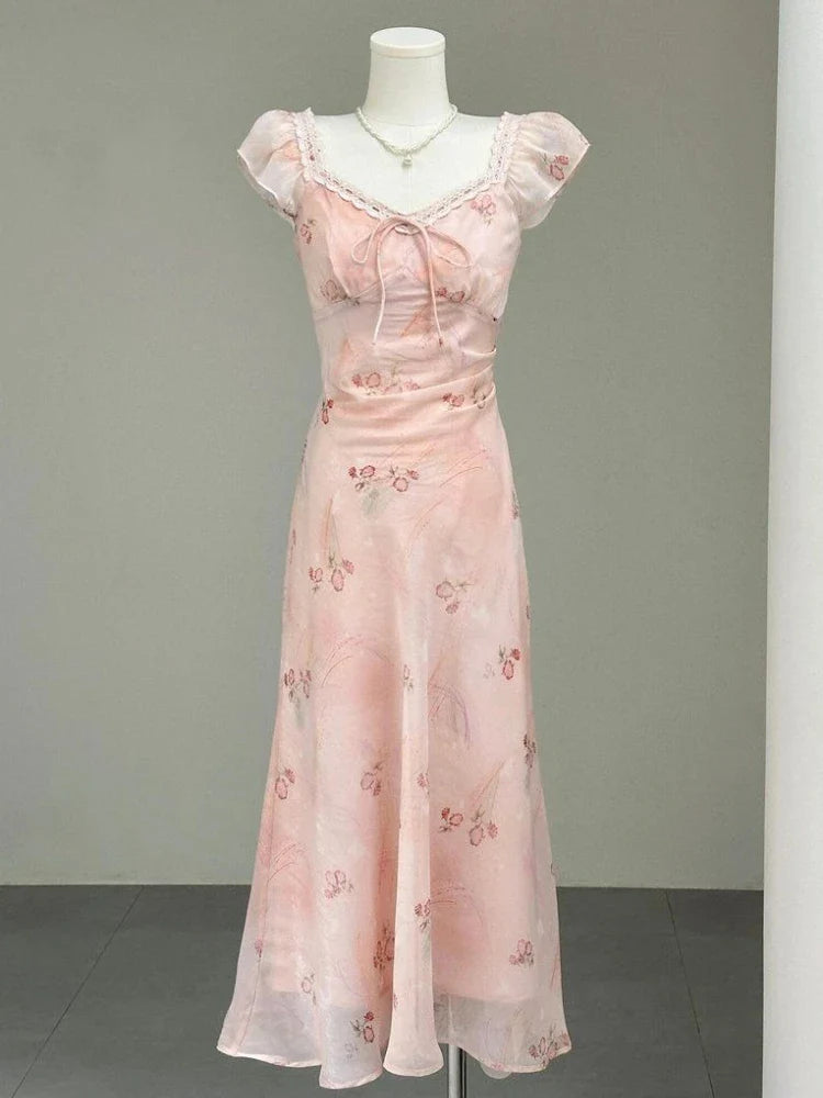 French Holiday Style Sweet Summer Dresses Women New Fashion Floral Pink Chic Long Dress Female Elegant Korean Popular Clothes