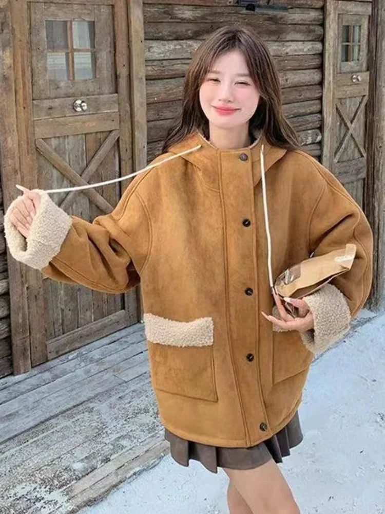 Y2K Streetwear Faux Lamb Suede Jacket Women Vintage Winter Long Sleeve Hooded Coat American Retro Loose Lady Pockets Warm Tops