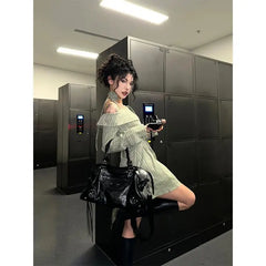 Spring and Autumn French Style Pure Desire Wind One Shoulder Collar Waist Dress Striped Off Shoulder Shirt Short Dresses