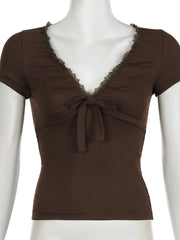 Casual Lace Trim Bandage T Shirt Slim Basic Deep V-Neck Short Sleeve Tees Women 2024 Summer Fashion Streetwear Ladies