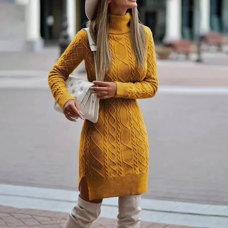 Autumn Winter New Women's Knitted Wrap Hip Skirt High Neck Warm and Thickened Elegant Knitted Sweater Long Sleeve Dress