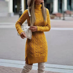 Autumn Winter New Women's Knitted Wrap Hip Skirt High Neck Warm and Thickened Elegant Knitted Sweater Long Sleeve Dress