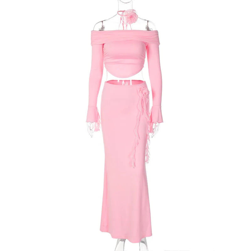 Elegant Halter 3D Flower Two Piece Sets Women Fashion Off-shoulder Tops And Maxi Skirt Matching Sets Bodycon Sexy Dress