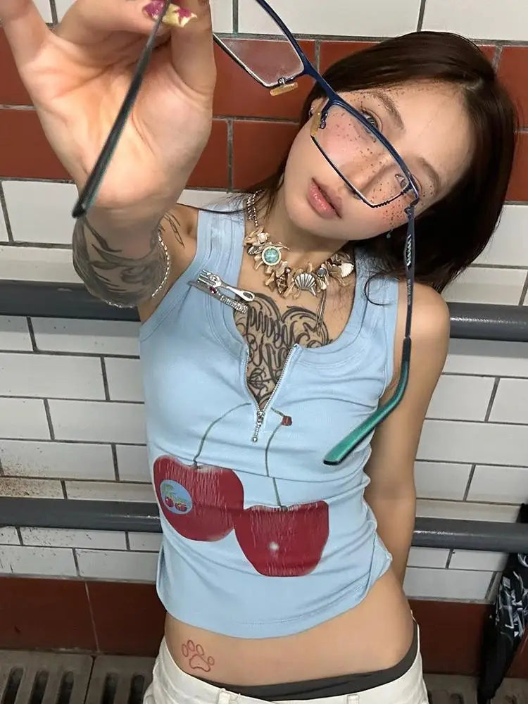 Harajuku Print Vintage Tank Tops Women Sleeveless Zipper Y2k Grunge Crop Tops American Retro Tee Tops Summer Out Wear