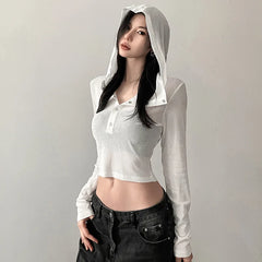 Hooded Long Sleeve Crop Tops Sheer Knit White Casual Shirts for Women Korean Fashion Clothes
