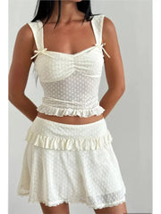 2025 New Polka Dot Tank Crop Top And Ruffle Short Skirt Sweet Chic Summer Outfits Bow Vest + Pleat Skirt Fashion Two Piece Set