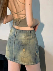 HOUZHOU Vintage Denim Mini Skirt Women Trashy Y2k 2000s Low Waist Sexy Star Rivet Distressed Slim Pencil Skirt Gyaru Streetwear