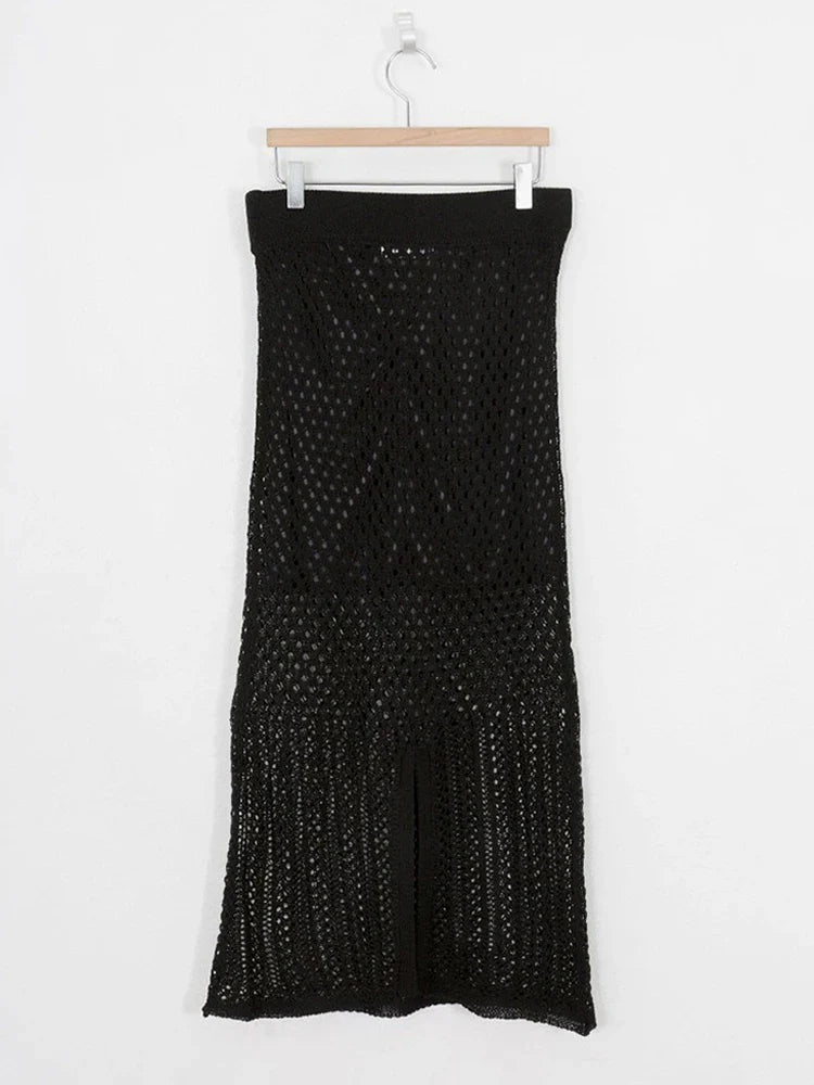 Summer Hollow Out Knit Long Skirt Casual Wrap Ladies Pencil See Through Midi Skirts Bodycon Korean Streetwear