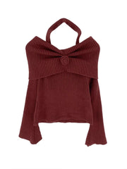 Autumn Winter American Halter Draped Flower Design Sweaters Y2k Korean Simple All Match Slim Pullovers Off The Shoulder Clothes