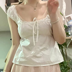 Women Fairy Grunge Babydoll Tops Y2k Lace Trim Short Sleeve T-shirt Korean Aesthetic Cute Square Neck Crop Top Milkmaid Blouses