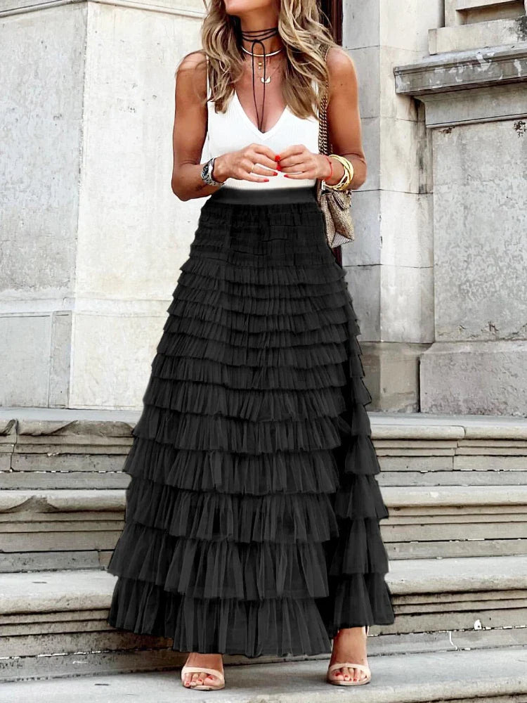 HOUZHOU Solid Multilayer Ruffle Mesh Skirt Women Boho High Waist Long Maxi Tulle Skirt Spring Summer Party Women's Clothing