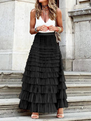 HOUZHOU Solid Multilayer Ruffle Mesh Skirt Women Boho High Waist Long Maxi Tulle Skirt Spring Summer Party Women's Clothing