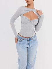 Gray Strapless Long Sleeve Sexy T-shirt Women Spring Summer Cropped Tops Hollow Out Skinny Tops Fashion Crop Tops