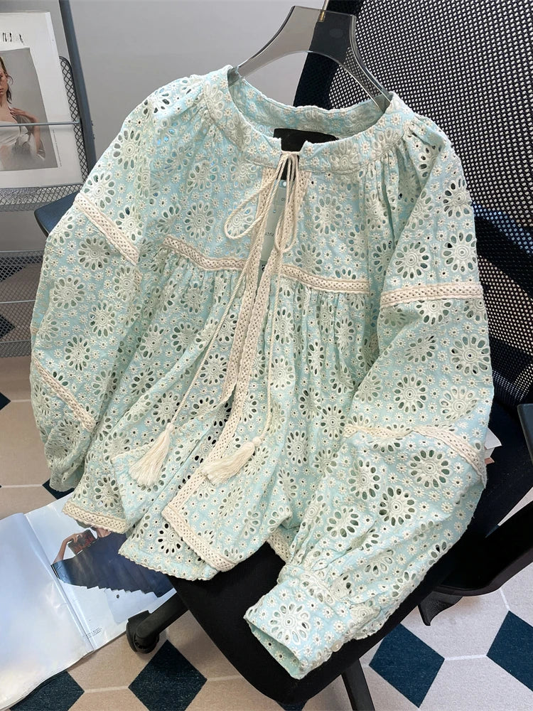 French Design Blouses Hollow Out Embroidery Long Sleeve Patchwork Lace Up Shirts Casual Loose All Match Elegant Women Clothing