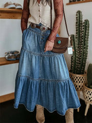 Women Summer Denim Skirt Casual Solid Color Ruffled Hem High Waist A-Line Jeans Skirt for Club Streetwear