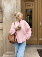 Sweet Pink Knit Sweater For Women Oversized Solid Crew Neck Long Sleeve Pullover Sweaters Female Fashion High Street Jumpers