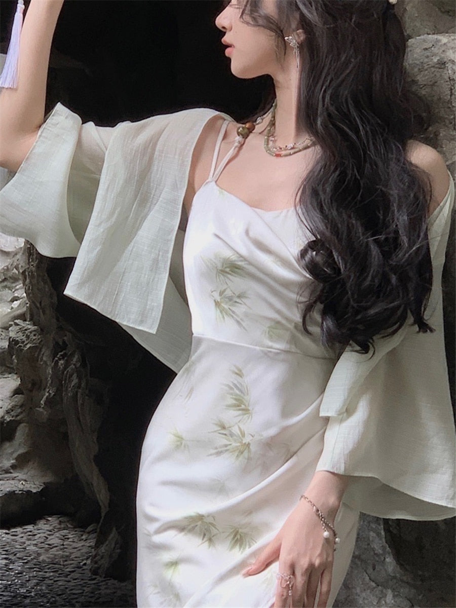 Midi Print Dress Set Women Summer New Elegant Vintage Clothes Holiday Evening Party Prom 2 Piece Korean Dresses Sets Suits