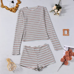 Pbong  Women's Sexy Hot Pants Set round Neck Long Sleeve Color Woven Stripe Fabric T-shirt Top Trendy Street Style Casual Outfit