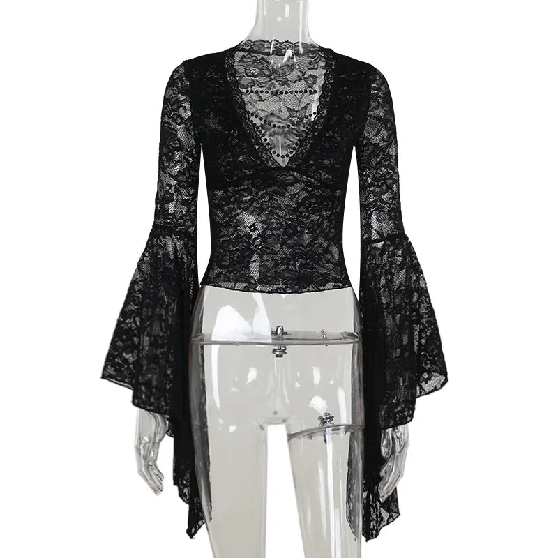 Autumn New Halloween& Party Dark Wind Temperament Lace V-Neck Bead Chain Top Women