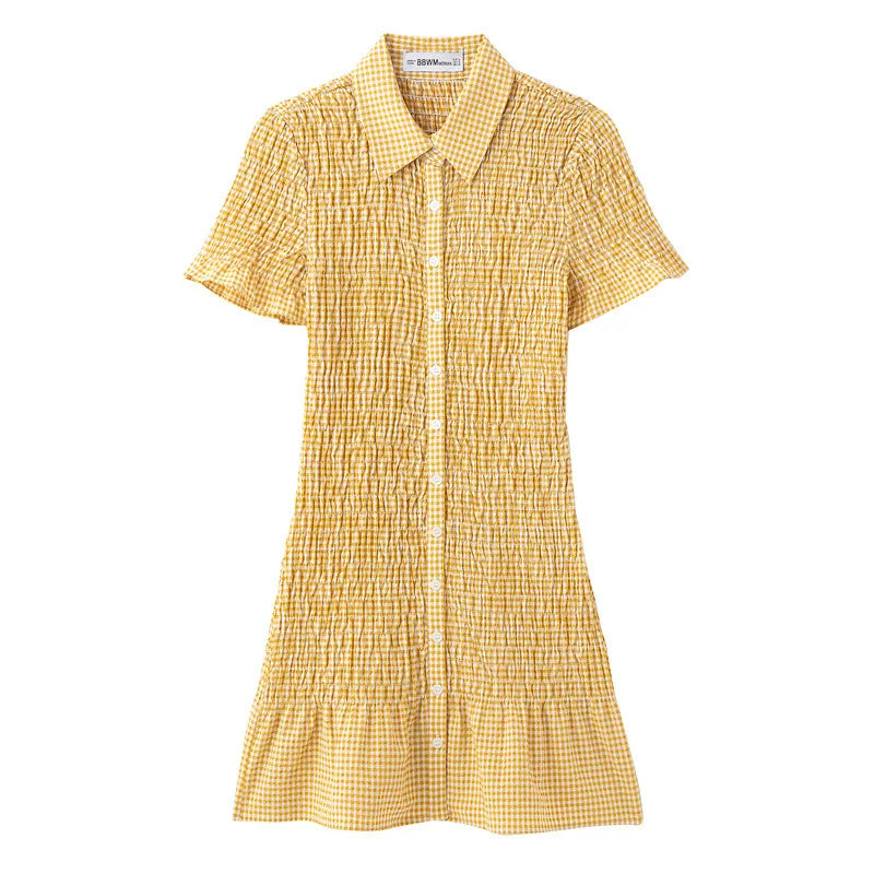 Yellow Plaid Mini Dress Single Breasted Slim Short Dresses For Women 2025 New Turndown Collar Short Sleeve Casual Dress Summer
