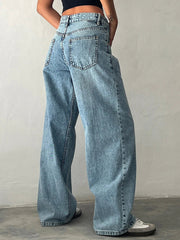 Women's Denim Pants Low Waist Wide Leg Trousers with Pockets Spring Summer Casual Loose Jeans