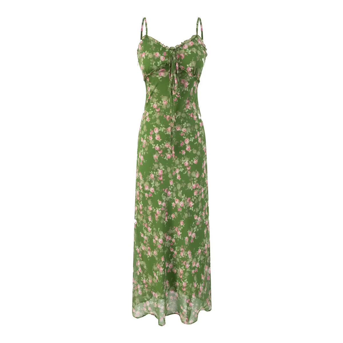 Green Pink Floral Print Women Dress For Summer 2025 New V-neck Chiffon Long Dresses Fashion High Waist Vacation Beach Vestidos