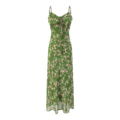 Green Pink Floral Print Women Dress For Summer 2025 New V-neck Chiffon Long Dresses Fashion High Waist Vacation Beach Vestidos