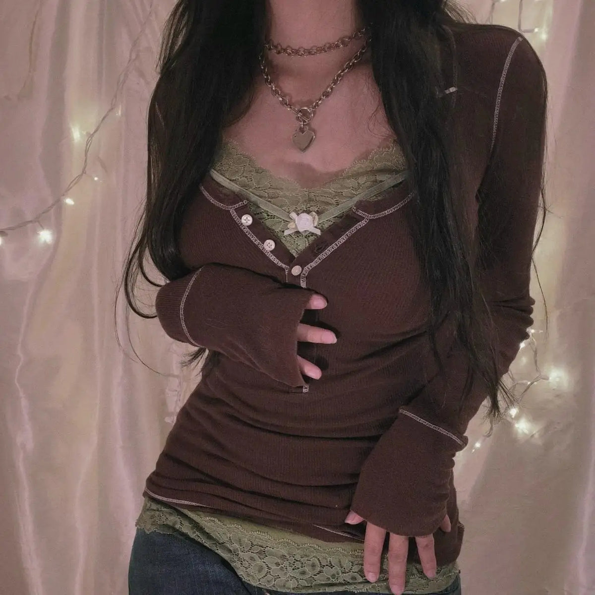 Womens Y2k Tee Crop Top Long Sleeve Lace Fairycore Grunge T-Shirts Ribbed Knit Harajuku Aesthetic Girl Tops T-Shirts Streetwear