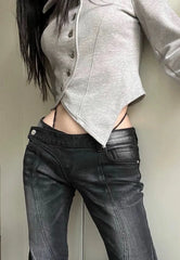 Vintage Distressed Low Waist Jeans Grunge Asymmetrical Waist Denim Pant Korean Fashion Black Flare Jeans Kpop Streetwear