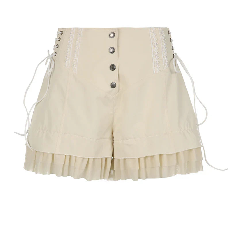 Sweet Mesh Tiered Ruffle Shorts Skirts Khaki Wide Form Side Bandage Cute Hot Pants Lolita Style Soft Girls Shorts Y2K