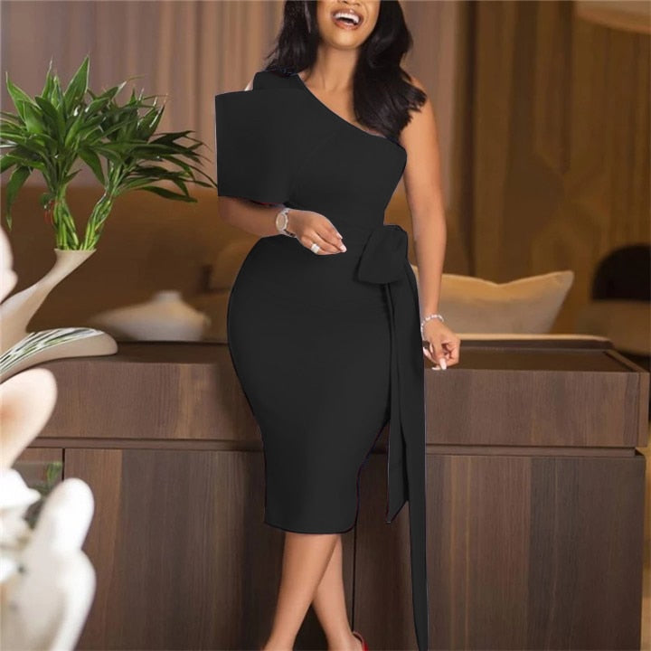 Women Pink Dress One Shoulder with Bowtie Waist Belt Party Christmas Elegant Slim Birthday African Event Celebrate Occasion New Pbong mid size graduation outfit romantic style teen swag clean girl ideas 90s latina aesthetic